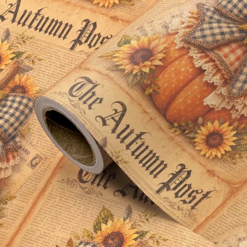 WRAPAHOLIC Kraft Fall Wrapping Paper Roll - Mini Roll - 17 Inch x 16.5 Feet - Sunflower, Pumpkin with Bow Wrapping Paper for Autumn, Thanksgiving, Party, Holiday - color: Sunflower & Pumpkin