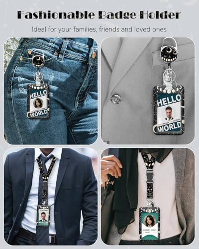 Uniclife Fashionable Sliding Badge Holder, Moon & Planets Plastic Card Holder with Retractable Badge Reel Carabiner & Detachable Lanyard, Vertical Card Protector for Office Worker Teacher Student - color: Moon & Planets