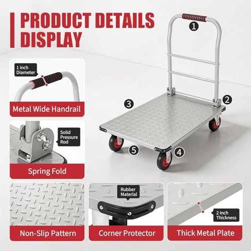 Heavy Duty 1800LBS Steel Platform Truck Cart – 36"x24" Flatbed Push Cart, 6" Swivel Wheels & Brakes, Collapsible Handle, Utility Dolly for Warehouse & Garage - color: Silver