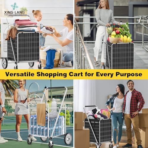 XINGLANG 5.7 Cu Ft Folding Shopping Cart - 600 LB Capacity Grocery Cart with 360° Braked Swivel Wheels - Heavy Duty Utility Cart with Double Basket & Removable Waterproof Liner with Lid for Laundry - color: Silver