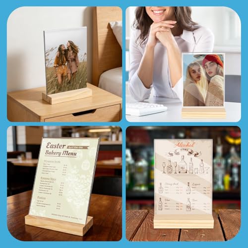 Bercoor 3 Pack 5"x7" Acrylic Sign Holder with Wood Base, L/T Shape Vertical or Slant Back Display, Clear Plastic Flyer Display Stand for Wedding, Restaurant, Store, Hotel, Office - size: 5x7