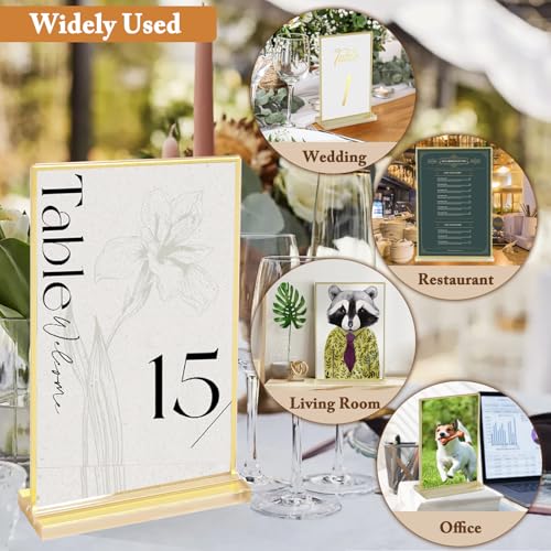 Floroom 6 Pack 4x6 Inch Clear Acrylic Sign Holders, Gold Border Double-Sided Vertical Picture Frames & Display Stands for Table Numbers, Photos, Menus, Flyers, Weddings, Parties & Events - size: 4" × 6"