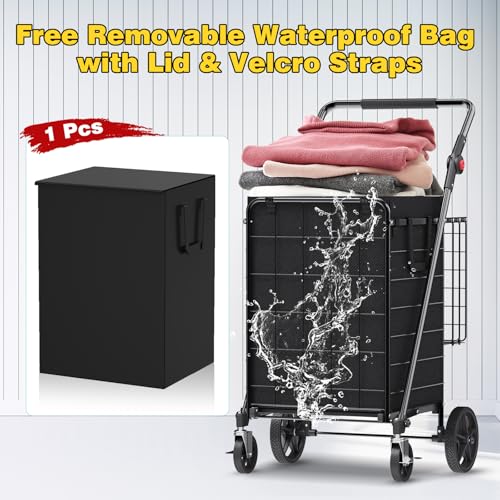 XINGLANG Heavy Duty Folding Shopping Cart – 4.5 Cu Ft, 420 lbs Capacity, Double Basket & Removable Waterproof Liner, 360° Swivel Wheels with Brakes, Adjustable & Rotating Handle for Laundry & Grocery - size: Jumbo