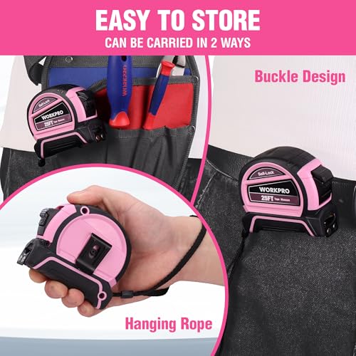 WORKPRO 25FT Pink Tape Measure, Dual Lock Measuring Tape - Pink Ribbon