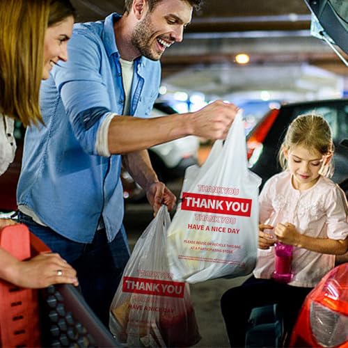 White Thank You Plastic Bags with Handles, 100 Pack Heavy Duty T-Shirt Sacks for Grocery Shopping, Retail & Small Business, Disposable Yet Reusable Merchandise Bags (11.5"x6.5"x21")