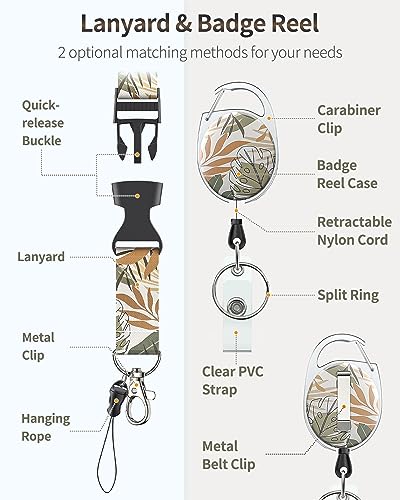 Uniclife Floral Sliding Badge Holder Monstera Leaves Plastic Case with Retractable Badge Reel Carabiner Clip and Detachable Lanyard Strap Vertical Card Protector for Women Nurse Teacher Student - color: Monstera Leaves