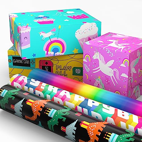 Hallmark Kids Wrapping Paper, 6 Rolls (Dinosaurs, Unicorns, Rainbows) - style: Dinosaurs, Unicorns, Rainbow, Video Games
