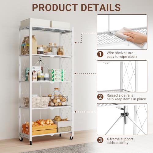 black leopard 5-Tier Foldable Metal Storage Shelf with Wheels, White - color: White, size: 5-Tier