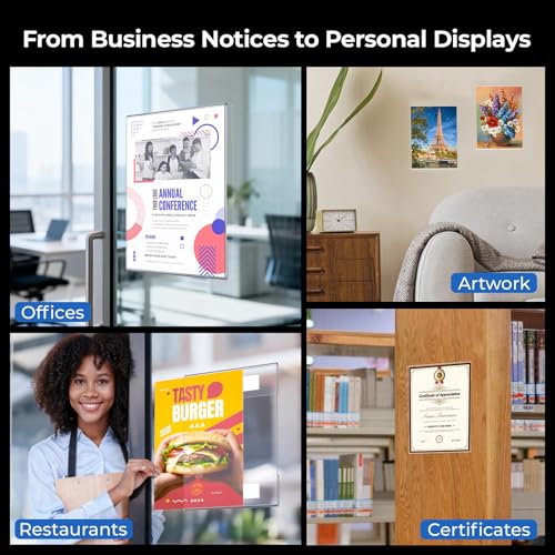 Dynta 6 Pack Acrylic Sign Holder 8.5 x 11 Wall Mount, Clear Plastic Frames with Adhesive Tape, Vertical Fly Holder for Office, Restaurant, School and Home, No Drilling Required