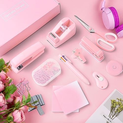 Pink Desk Accessory Kit Cute Office Supplies Set Desktop Stapler Set Includes Staple Remover Hole Punch Tape Dispenser Ballpoint Pen Scissor Mini Box Cutter Tape Measure Paper Clips Sticky Notes - color: Pink