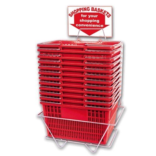Plastic Shopping Baskets - Durable Red Plastic with Stand and Sign - Set of 12 Plastic Baskets with Metal Handles