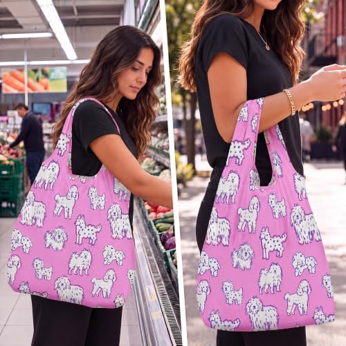 Stelle Lightweight Reusable Grocery Bag with Handles Ripstop Nylon Foldable Tote Shopping Bags for Travel and Groceries - color: Charlie Pals | Pink