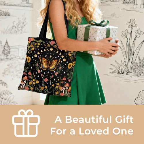 Cute Canvas Tote Bag for Women, Book Totebag with Zipper Pocket - color: Butterfly Moon Floral