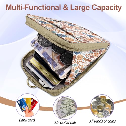 Floral Lanyard Wallet & ID Badge Holder, Cute RFID Women ID Badge Wallet for Women, Credit Card Holders with Zipper Pocket Keychain Phone Lanyard Wrist Strap for Teacher Nurse Gifts, Autumn Flowers - color: Autumn Flowers Leaves