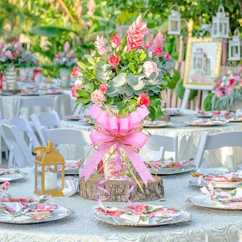WEWILUCK Pink and Gold Ribbon Pull Bows for Gift Wrapping, 6 Inch, 15 Pack - color: Pattern-Pink & Golden line, size: 6 Inch - 15 Pack
