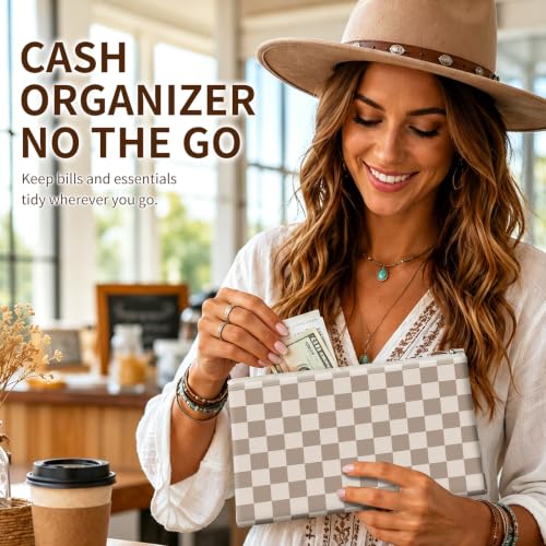 Money Bag with Zipper, Cute PU Leather Cash Bags, Portable Bank Bag Money Pouch for Cash, Coins, Checks, Receipts, Invoices Cosmetics Tools, Deposit Bag for Office Travel, Checker - color: Checker