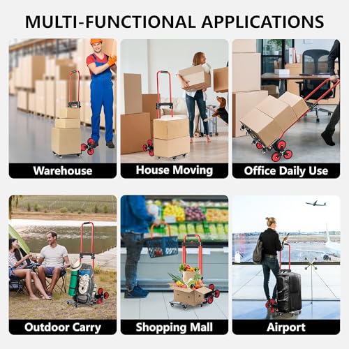 Stair Climbing Cart, 280 lbs Capacity Stair Climber Hand Truck and Dolly, Heavy-Duty Folding Stair Dolly with Stretchable Handle, 10 Wheels & 2 Elastic Ropes for Home Shopping Moving Warehouse