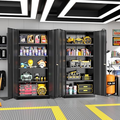 Greenvelly Storage Cabinet, 72” Black Garage Steel Locking Cabinet with Doors and 4 Adjustable Shelves, Tall Lockable File &Tool Cabinet for Home Office, Metal Classroom Cabinet Basement - color: Black, style: 72"H