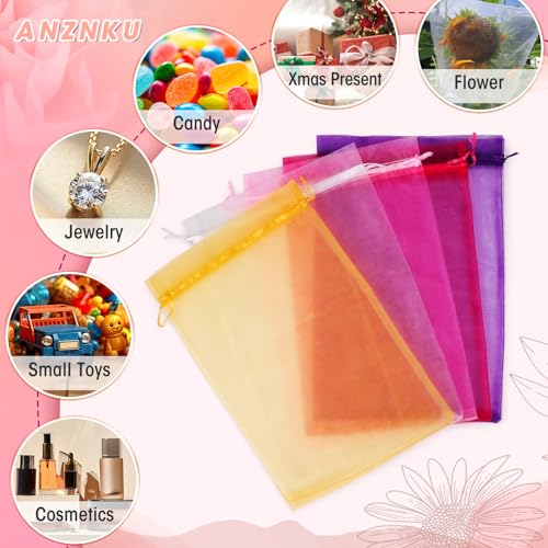 ANZNKU 50 Pcs Large Organza Bags 8x12, Small Mesh Gift Bag Drawstring Bulk - color: Hot Pink