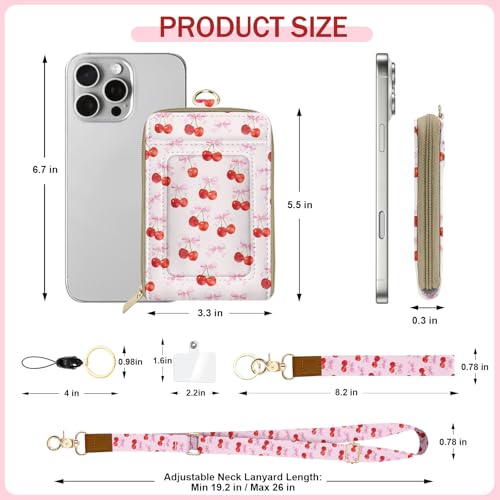 Easy Carry Roomy Leather Zipper Lanyard Wallet for Women, Adjustable Lanyard with ID Holder, RFID Badge Holder, Pink Bow Wallet with Wristlet Strap and Keychain for Teacher Work Office Gift - color: Bow Cherry