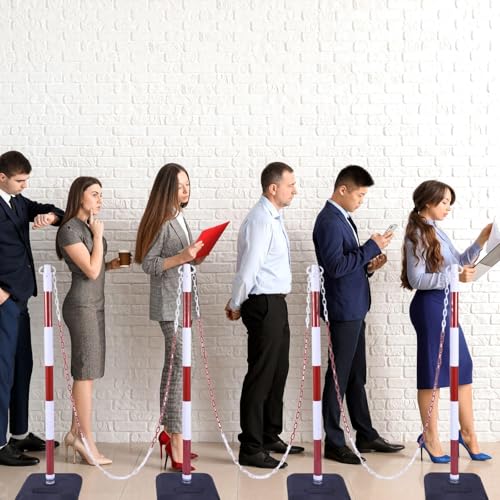 4 Pack 40" Traffic Chain Stanchion Set – Red White Safety Posts with Weighted Rubber Base, 20Ft Chain Barrier for Crowd Control, Parking, Construction, Work Zone