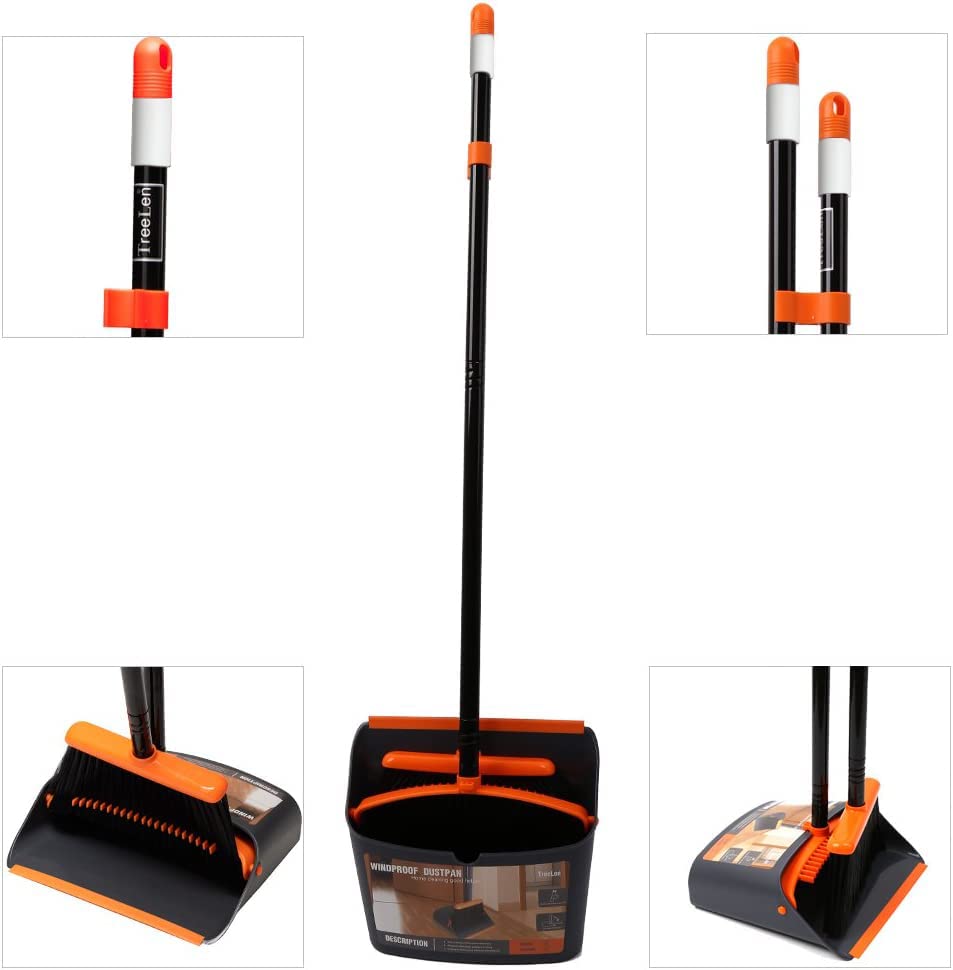 TreeLen Broom and Dustpan Set with 52" Long Handle for Home Kitchen Room Office Lobby Floor Use Upright Stand Up Stand Up Broom with Dustpan Combo - color: A Orange Broom and Dustpan