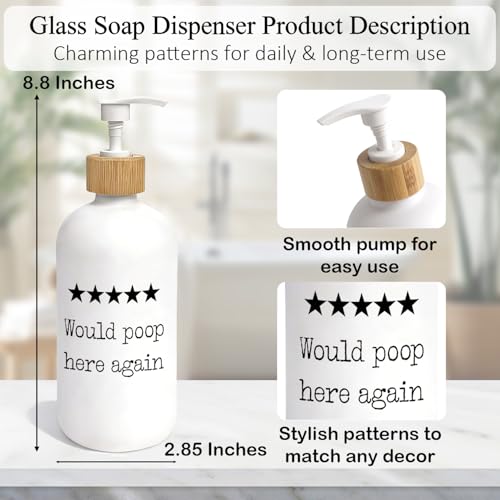 Funny Bathroom Decor Glass Soap Dispenser, Would Poop Here Again Hand Soap Dispenser for Bathroom, Humorous Refillable Handsoap Pump Bottle for Guest Washroom Restroom Countertop