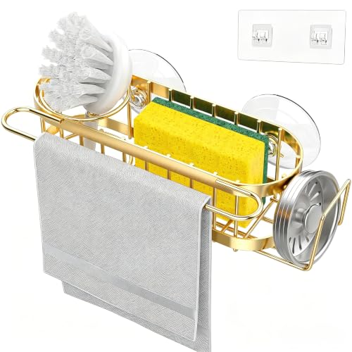 Cisily Kitchen Sink Caddy Sponge Holder in The Sink, Stainless Steel Kitchen Sink Organizer, Brush Holder, Dish Cloth Hanger, Sink Stopper Holder (Suction cup-Gold) - color: Suction cup-Gold