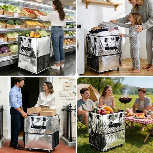 Large Reusable Grocery Bag On 5 Wheels, 130L Foldable Rolling Tote Bag - color: Silver, size: Large