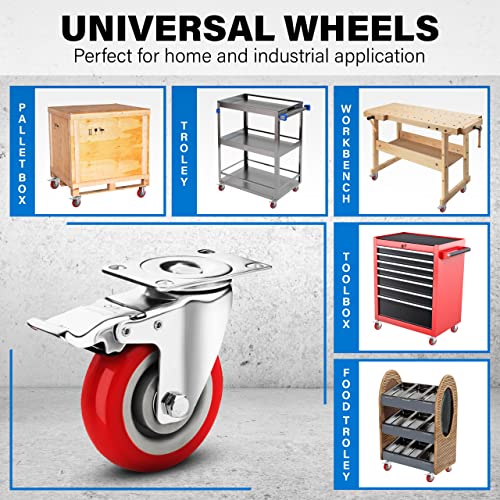 4 Inch Caster Wheels Heavy Duty Casters Set of 4, 2200 LBS Load Capacity - color: Red & Silver, size: 4 Inch