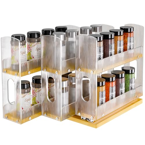 NiHome Bamboo Pull-Out Spice Rack Organizer for Cabinet, 3-Drawer Vertical Slide Out Seasoning Rack Storage Shelf for Kitchen Pantry, Bamboo Frame with Wave-Pattern Acrylic Divider (8.5” Wide, 2-Tier)