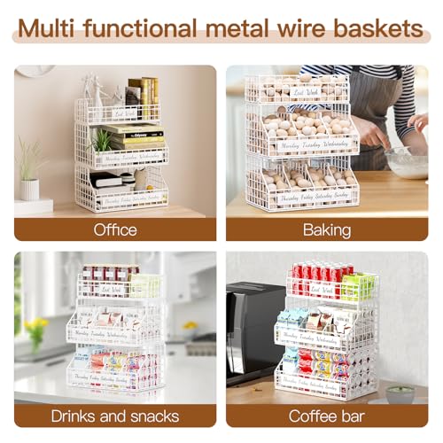 Egg Basket, Stackable Wall Mount Countertop Egg Holder with Weekday Labels - color: White, size: 3-Tier(with printed labels)