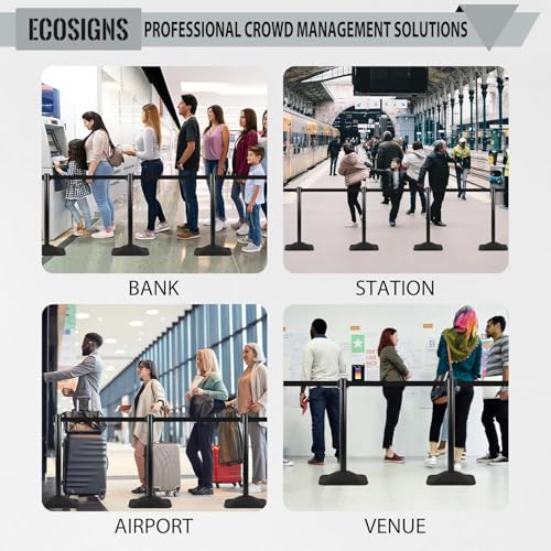 ECOSlGNS 12 Pack Heavy Duty Crowd Control Stanchions for Banks, Events, Retail w/ 10ft Retractable Belt, Non-Slip Weighted Rubber Base (Black) - color: Black, size: Rectangle Base - 12 Pack