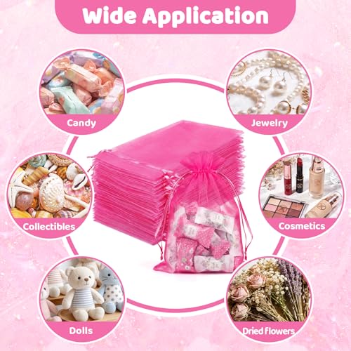 FUNFERY 100Pcs Hot Pink Organza Bags 5x7 in,Small Mesh Drawstring Gift Bag - color: Classic Hot Pink