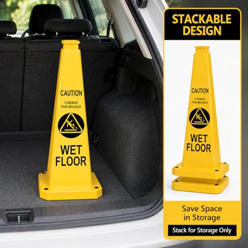 BESEA Wet Floor Sign 3 Pack, 28 Inch Heavy Duty Weighted Caution Cones - color: Yellow, size: 28INCH With Caution Sign