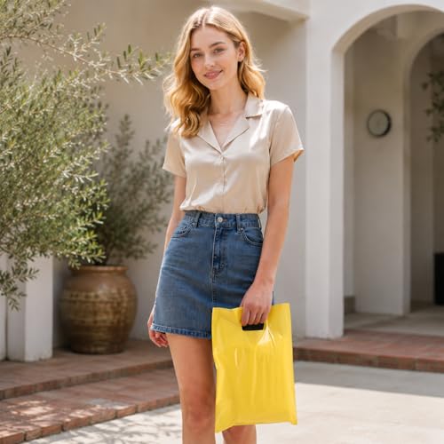 HOIIOH 100-Pack Yellow Plastic Gift Bags with Handles, 9x12 In Goodie Bag - color: 100 Pack-9"x12" Yellow Plastic Bags