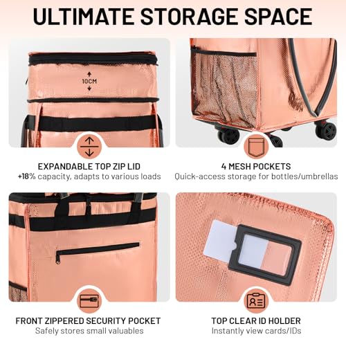 Fanwoli Reusable Grocery Bag on Wheels, 66L Upgraded Fabric - color: Pink - B, size: Medium