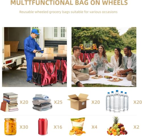(Medium, Red) Reusable Grocery Bag on 4 Wheels, Foldable Rolling Tote Bag - color: Red, size: Medium