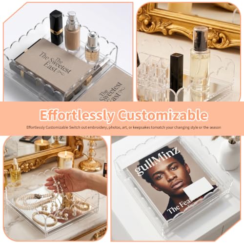 2 Pack Scalloped Acrylic Tray with Insert, 6 x 6 x 2.5 Inch Acrylic Trays for Needlepoint, Acrylic Trays for Embroidery Display, Clear Decorative Tray with Drawer for Photos, Art, Fabric, Messages