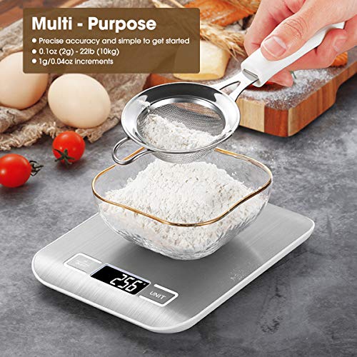 Mik-Nana Food Scale, 22lb Digital Kitchen Scale Weight Grams and Oz for Baking and Cooking, 1g/0.1oz Precise Graduation, Easy Clean Stainless Steel - color: Silver