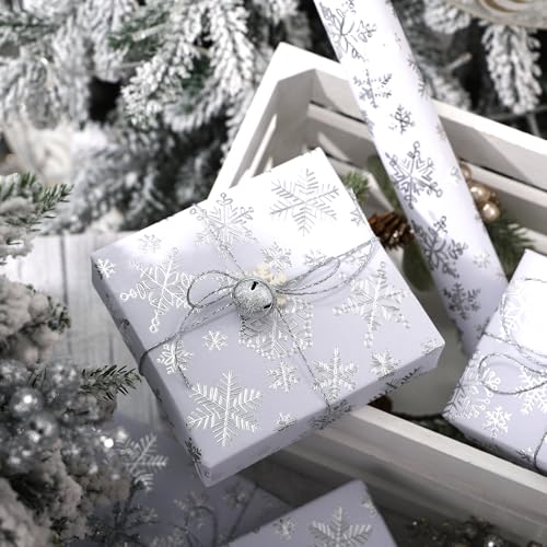 WRAPAHOLIC 3D Kraft Christmas Wrapping Paper Roll - Mini Roll - 17 Inch x 16.5 Feet - Silver and White Snowflake Wrapping Paper with Embossed Perfect for Christmas, Holiday, Party Celebration - color: Christmas Snowflakes - White & Silver, size: 17 inch x