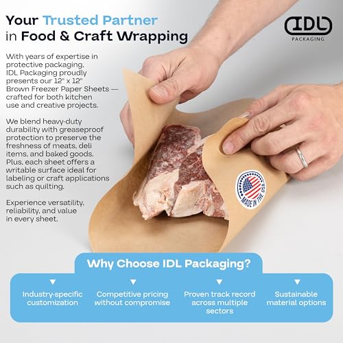 IDL Packaging Brown Freezer Paper Sheets 12" x 12", Pack of 200 - USA-Made - color: Brown, size: 12" X 12", 200 Sheets