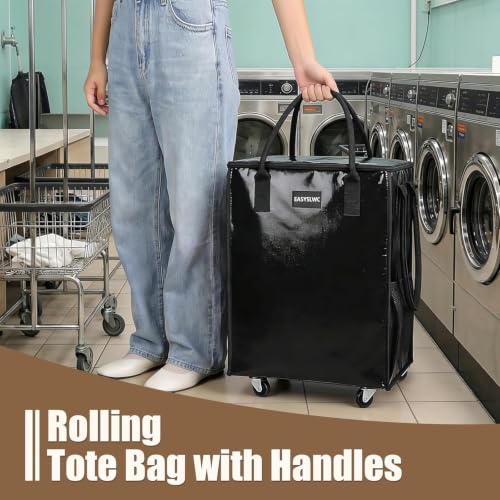 Grocery Bag Rolling Tote Bag on Wheels, Shopping Bag with Wheels Handle - color: Black-1