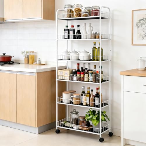 10in 6 Tier Slim Storage Cart with Wheels,White Narrow Space Rolling Shelving Unit, Metal Wire Mobile Organizer Rack for Kitchen Bathroom Office Laundry - size: 10in White