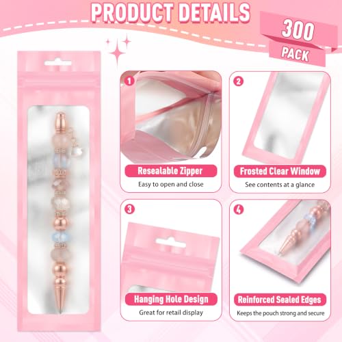 ANZNKU 300 Pcs Mylar Pen Bags 2.7×9", Pink Resealable Smell Proof Sealable - color: Matte Pink, size: 2.7x9 Inch
