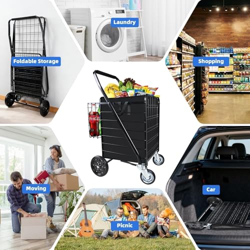 Folding Shopping Cart with Removable Waterproof Liner, 450LBS Capacity Grocery Cart with Dual Basket & 360° Swivel Wheels, 39.5 Gal Jumbo Heavy-Duty Cart Wagon for Grocery Shopping Laundry Transport - size: Jumbo+Bag