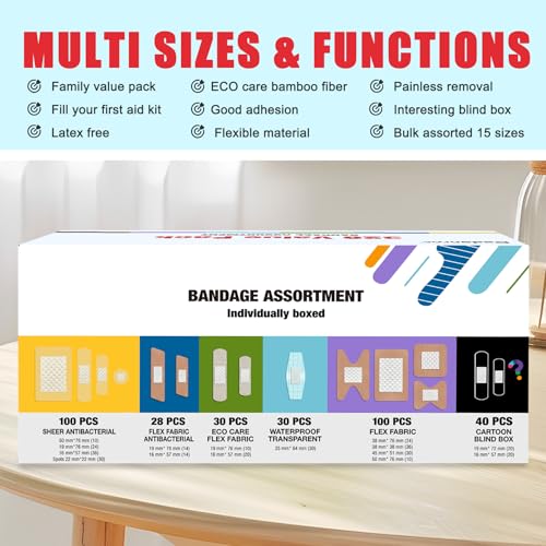 Dodanros Variety Bandages Pack,328ct Assorted Bulk Various Sizes, Shapes &Features | Sheer & Flex Fabric with Benzalkonium, ECO Bamboo Fabric, Waterproof, Cartoon Blind Box Fragrance Bandages