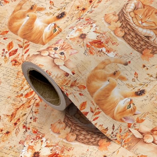 WRAPAHOLIC Kraft Fall Wrapping Paper Roll - Mini Roll - 17 Inch x 16.5 Feet - Cat, Autumn Maple Leaves, Pumpkin Wrapping Paper for Autumn, Thanksgiving, Party, Holiday - color: Cat & Maple Leaves