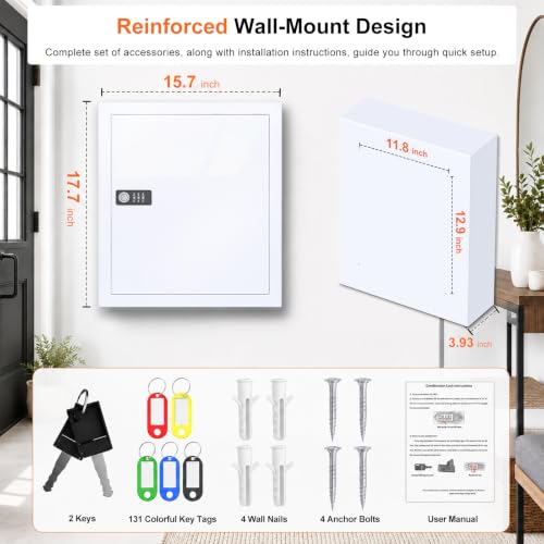 Lock Key Cabinet with Storage: 131-Keys Steel Wall Mount Key Cabinet Organizer - Large Storage and Secure Combination Lock Box for Office Home Business White