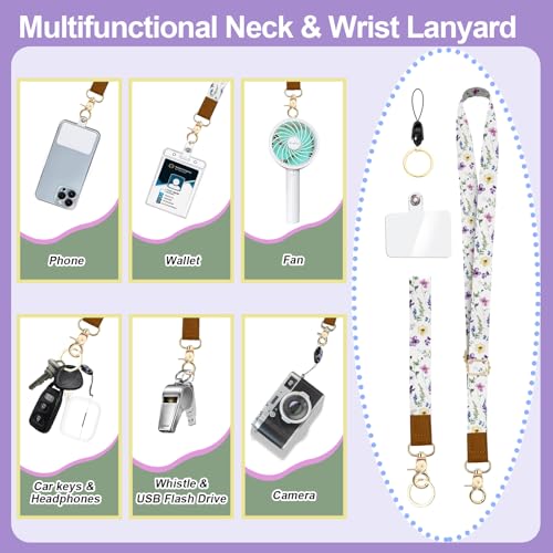 Floral ID Badge Holder & Lanyard Wallet, Cute RFID Women ID Badge Wallet for Women, Credit Card Holders with Zipper Pocket Keychain Phone Lanyard Wrist Strap for Teacher Nurse Gifts - color: White Flowers Leaves